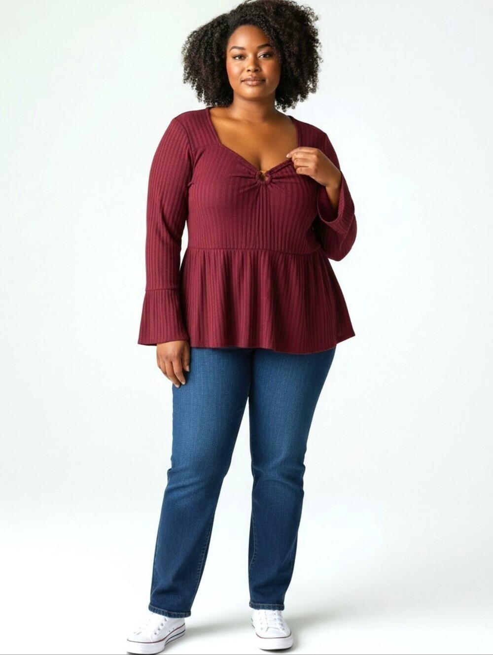 MAURICES Burgundy Ribbed Knit Peplum Tunic Sweetheart O-Ring Neckline NWT Sz XXL